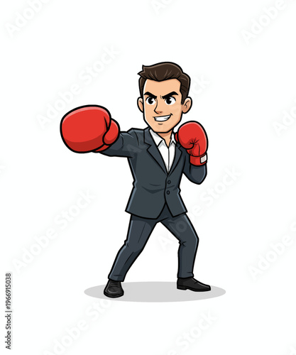 Determined businessman in a suit wearing red boxing gloves prepared for corporate competition