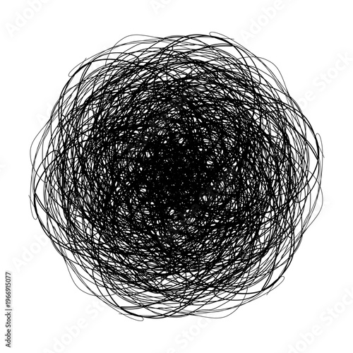 Black Scribble Ball - Abstract hand-drawn chaotic scribble circle on white background, ideal for stress, mess, confusion, and creative concepts