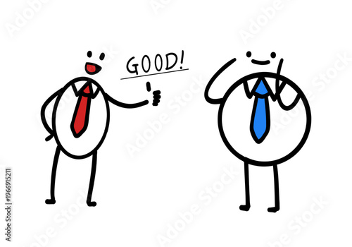 Businessman Giving Thumbs Up with GOOD! - Cartoon stick figure businessman praising colleague with thumbs up and "GOOD!" text, ideal for positive feedback, approval, motivation concepts