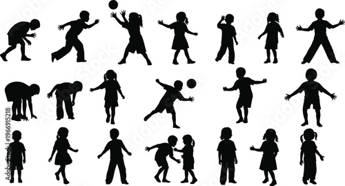 Happy children playing and jumping black silhouette set with boys and girls in different action poses isolated on white background for childhood vector design.
