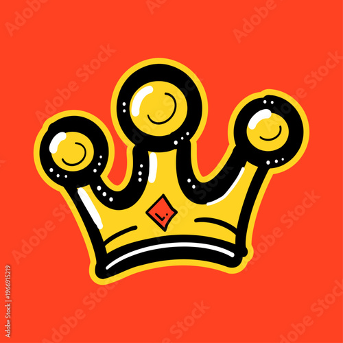 Crown Cartoon Icon - Bold yellow and black cartoon crown with red jewel on red background, perfect for king, queen, royalty, winner, and premium concepts