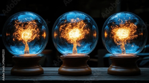 Mystical prophecy: Three crystal balls glowing with arcane energy and future visions