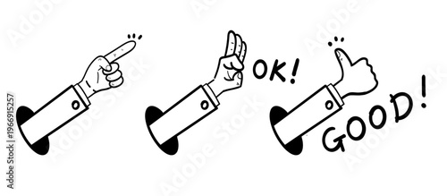 Pointing Hand OK Hand and Thumbs Up Set - Cartoon hand gestures set showing pointing finger, OK sign, and thumbs up with OK! and GOOD! text, perfect for approval, positive feedback illustrations
