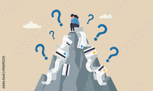 Credit card debt,boulder uphill mountain peak or trouble, consumerism or buying addicted causing financial problem concept, hopeless woman sitting with long list overdue bills on credit card