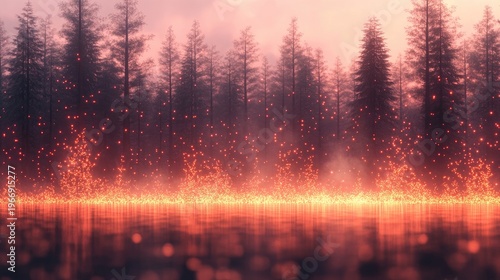 Mystical forest scene with shimmering lights reflecting on the tranquil lake water