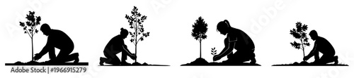 People Planting Trees Silhouette Vector for World Environment Day