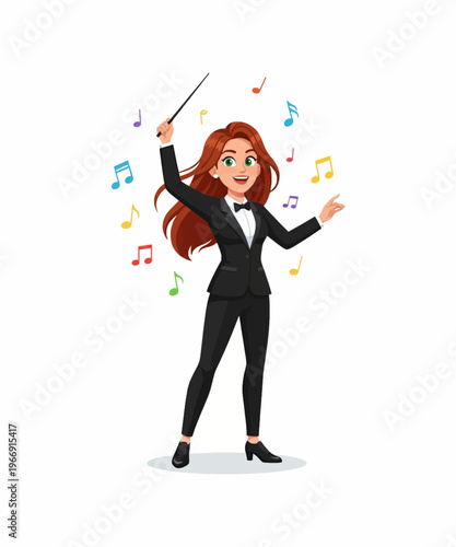 Animated female orchestra conductor with flowing red hair directing music using a slender baton effectively