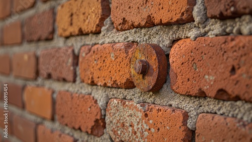 Close-up of a rusty, weathered metal bolt on a brick wall
