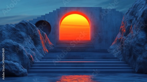 Mystical stairway to a bright portal, surreal landscape evoking the dawn of imagination
