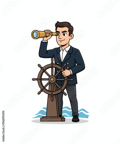 Cartoon ship captain steering helm and gazing through a golden telescope for navigation