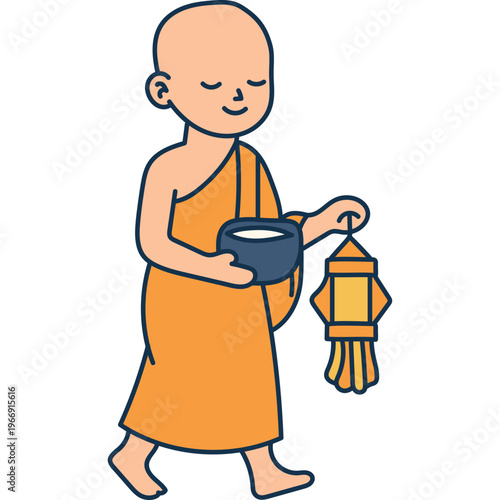 Cute Monk Walking with Lantern