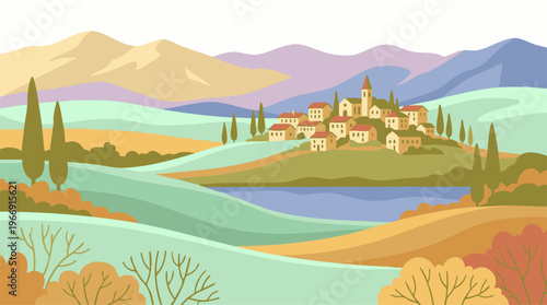 Stylized landscape with European village, rolling hills, lake, and cypress trees