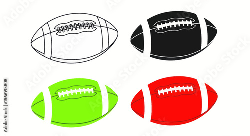 American Football Icons: Line Art, Black, Green, Red Versions