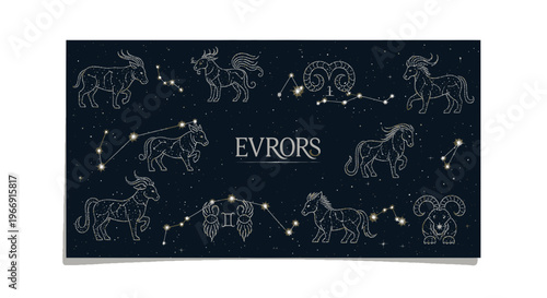Zodiac Constellations and Symbols on Dark Starry Sky Background