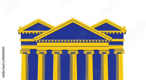Classical Greek Temple Facade with Columns, Blue and Yellow, Isolated