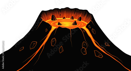 Cartoon Volcano Eruption with Lava Flow and Ash Clouds