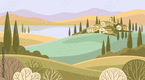 Stylized Tuscan landscape illustration with village, hills, and a serene lake