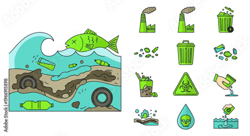 Environmental pollution: oil spill, plastic waste, dead fish, and industrial waste icons.