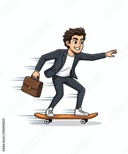 Energetic cartoon businessman in a suit jacket, holding a briefcase, skillfully rides a skateboard, moving quickly forward.