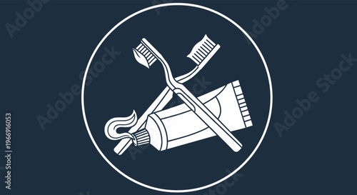 Health and hygiene icon featuring two toothbrushes and a tube of toothpaste inside a circle on a dark blue background.
