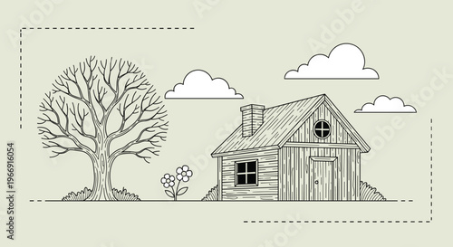 Rustic line art drawing of a cozy wooden cabin next to a large leafless tree with fluffy clouds on a light beige background.