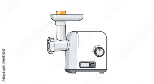 Clean vector illustration of a modern white electric meat grinder appliance with grey accents and a yellow button on top.