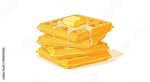 Stack of golden waffles with melting butter and syrup, isolated on white background