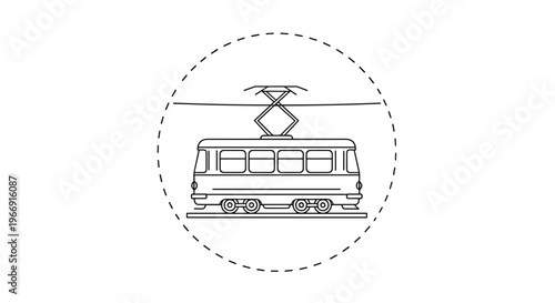 Minimalistic line art illustration of a vintage electric tram car on tracks enclosed within a circular dashed border on white background.