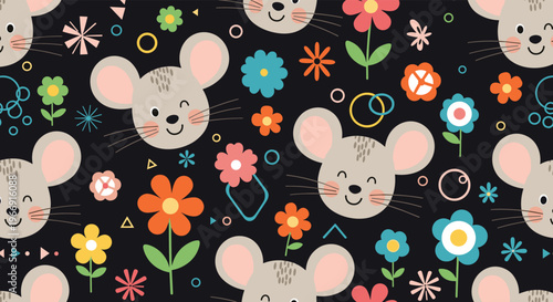 Lively seamless pattern featuring cute mouse faces colorful flowers and geometric shapes on a dark black background.