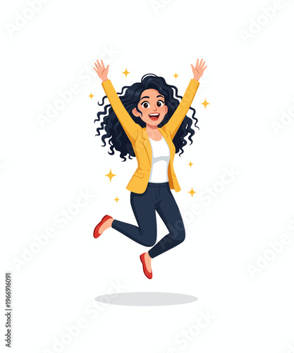 Joyful businesswoman with dark curly hair enthusiastically jumps high celebrating a fantastic achievement or success