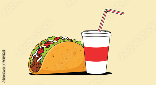 Tasty looking taco with meat, cheese, and lettuce next to a soda cup with a straw in a fun cartoon style on beige.