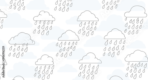 Moody seamless pattern featuring small rain clouds with falling raindrops in a simple hand drawn style on a light gray background.