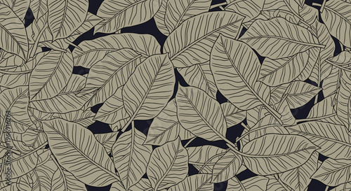 Dense seamless pattern with detailed hand drawn leaves overlapping each other on a dark navy blue background for a lush feel.