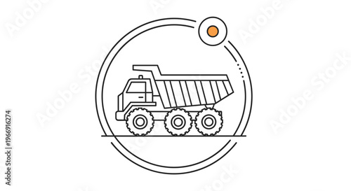 Minimalist line art illustration of a heavy duty dump truck inside a circle frame representing construction and industrial transport.