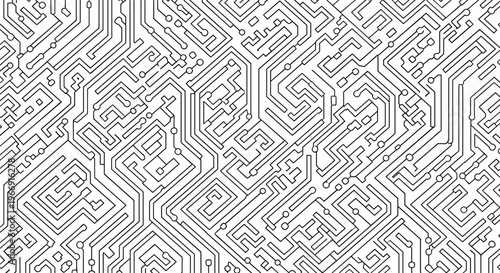 Complex black and white circuit board pattern with intricate paths and connection points for technology or engineering themes.