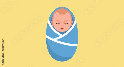 A peaceful baby wrapped in a soft blue blanket sleeping on a yellow background