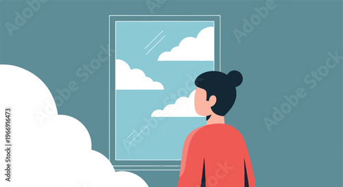 A person with dark hair in a red shirt looking through a window at blue sky