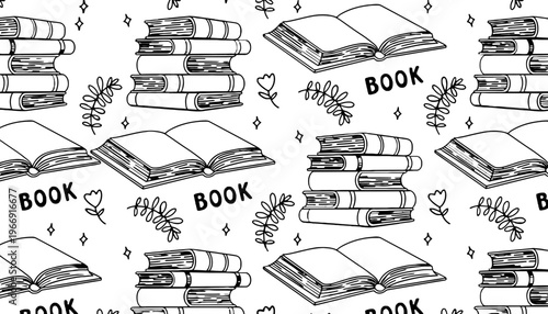 A book illustration pattern with stacks of books and flowers