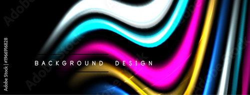 Abstract flowing lines, vibrant colors, modern design. Black background emphasizes bright waves, text reads background design.