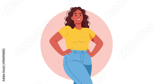 A joyful woman with curly hair poses with her hands on her hips in a circle