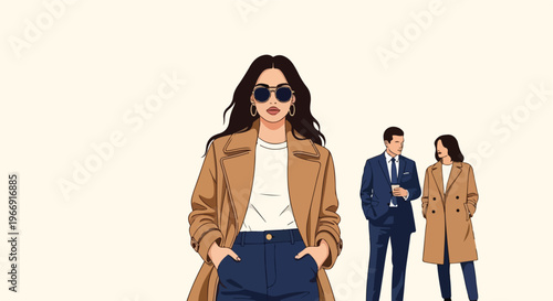 A stylish woman in a tan coat and sunglasses stands before two talking colleagues