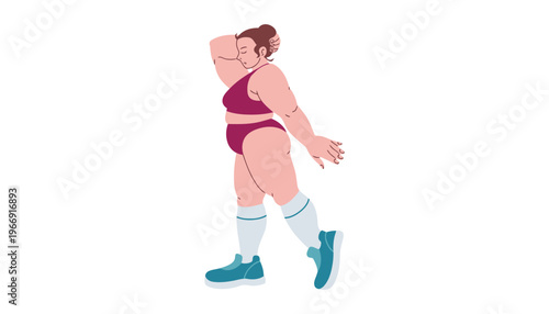 A plus-sized woman in a purple workout outfit stretching her arms