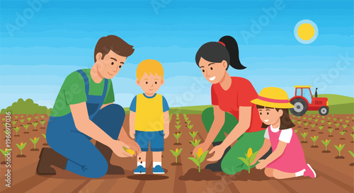 A happy family planting corn in a vibrant field on a sunny day at the farm