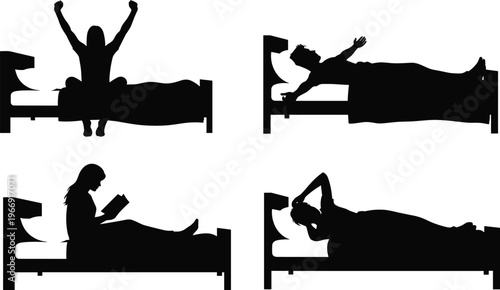 People in bed silhouettes set showing sleeping waking stretching and reading poses, daily routine lifestyle vector illustration isolated on white background design