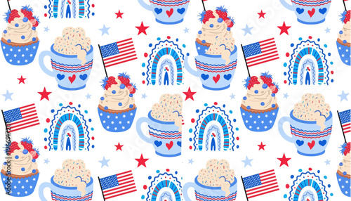 A patriotic seamless pattern featuring American flags and festive mugs