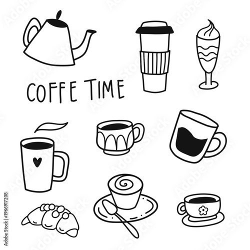 Cute coffee, desserts and bakery doodle line art vector. Hand-drawn cozy cafe illustration for stickers, menus, cards, and sweet designs.