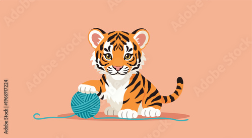A cute cartoon tiger cub sitting and playing with a blue ball of soft yarn