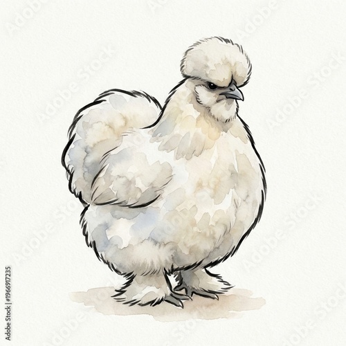 Soft white Silkie portrait with cloudlike plumage and gentle watercolor edges, an elegant art piece for collections featuring paintings of chickens, heritage poultry beauty, and farmhouse charm