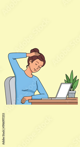 A woman sitting at a desk with a laptop performing a gentle neck stretch exercise