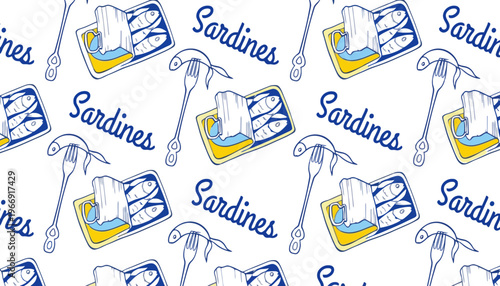Sardines illustration pattern with fork and knife on white background